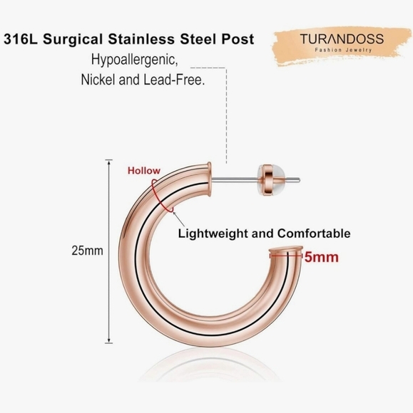 Turandoss 14K Rose Gold Plated 1 Inch Diameter Chunky Hoops - Picture 3 of 8